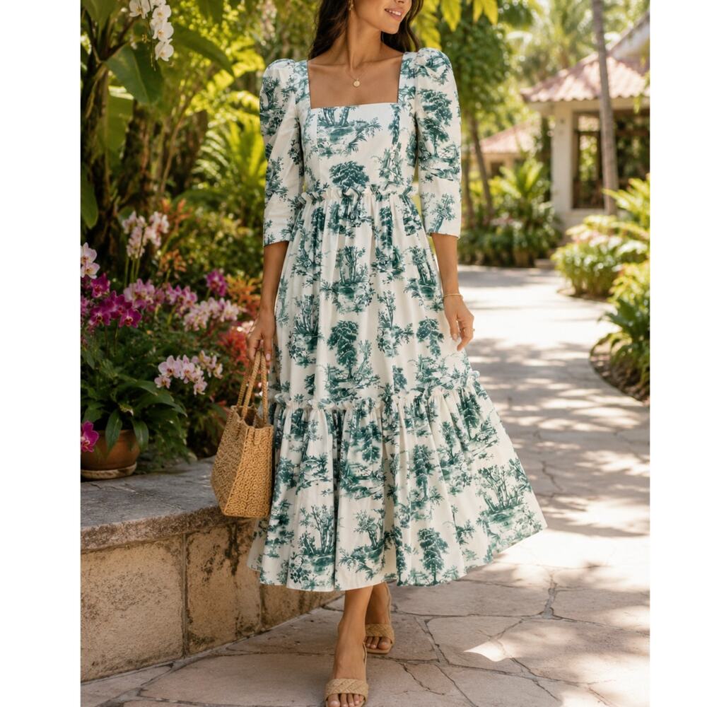 Cara Cara Blue Hill Toile Midi Dress Size 10 Green Botanical Cotton Garden Party - Picture 6 of 15